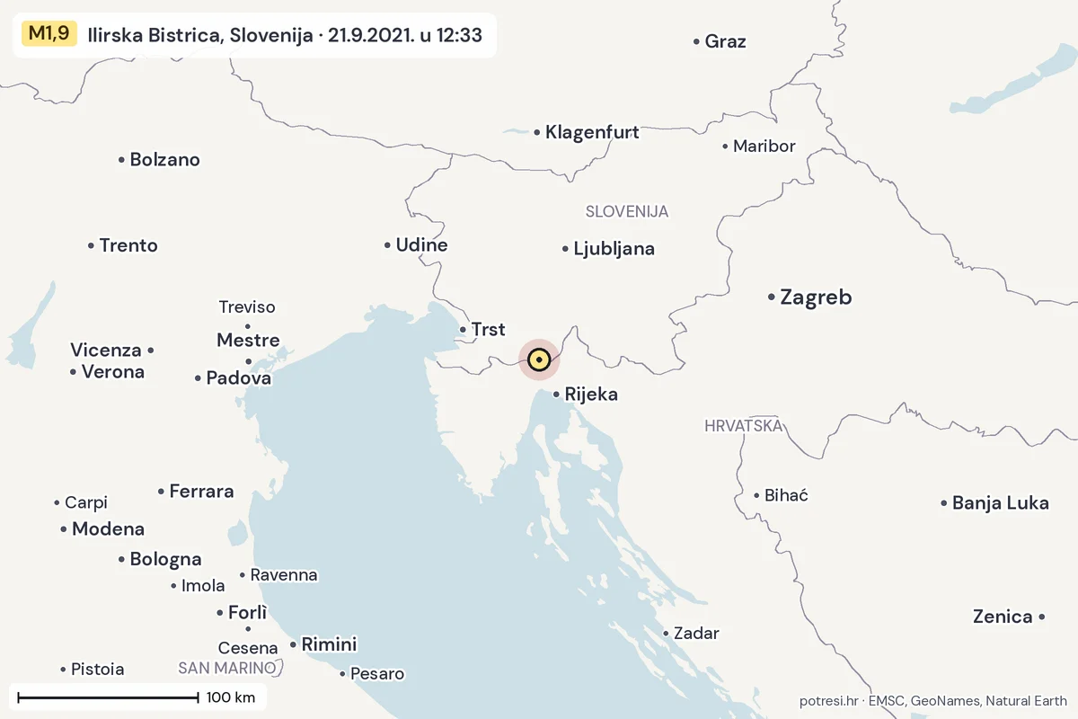 Karta: šire područje, 600 km, potres M1,9, Ilirska Bistrica, Slovenija, 21.9.2021.