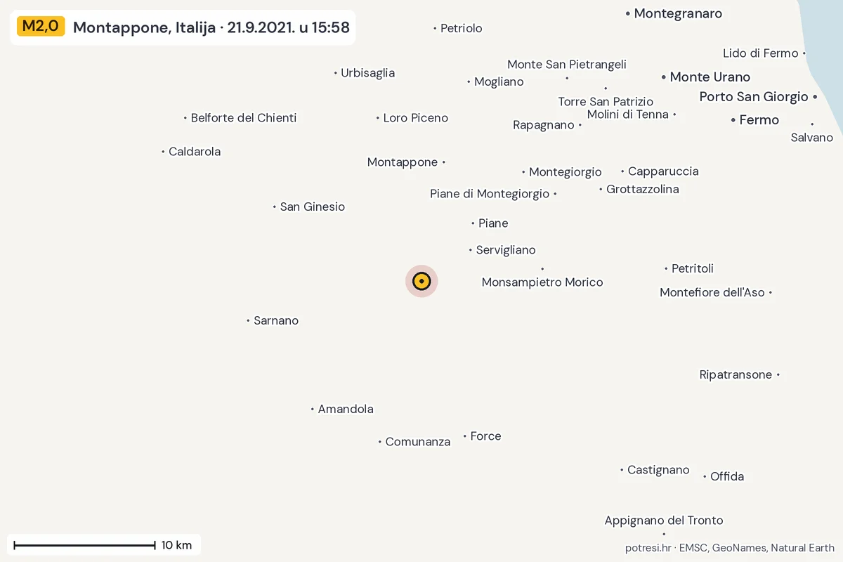Karta: okolica epicentra, 60 km, potres M2,0, Montappone, Italija, 21.9.2021.