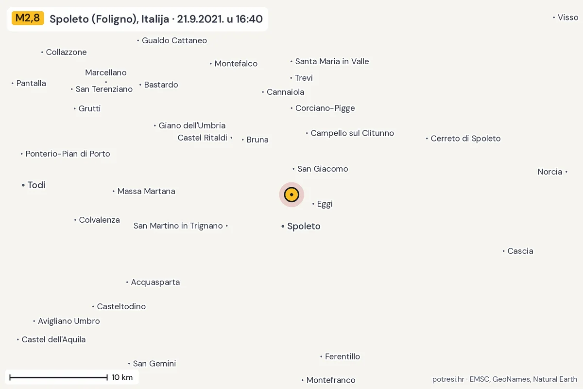Karta: okolica epicentra, 60 km, potres M2,8, Spoleto (Foligno), Italija, 21.9.2021.