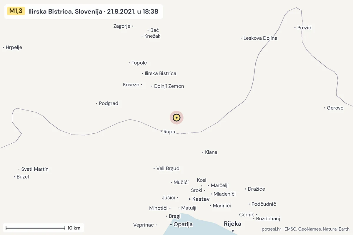 Karta: okolica epicentra, 60 km, potres M1,3, Ilirska Bistrica, Slovenija, 21.9.2021.
