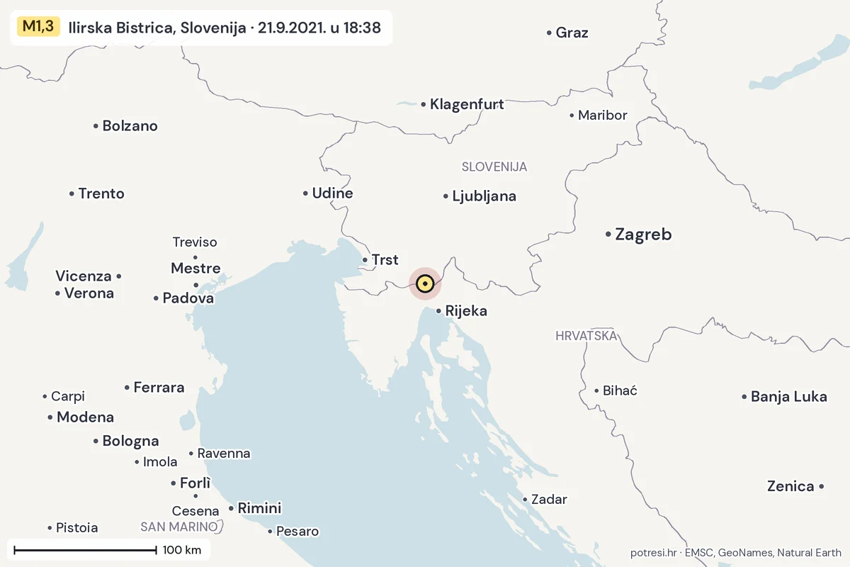 Karta: šire područje, 600 km, potres M1,3, Ilirska Bistrica, Slovenija, 21.9.2021.