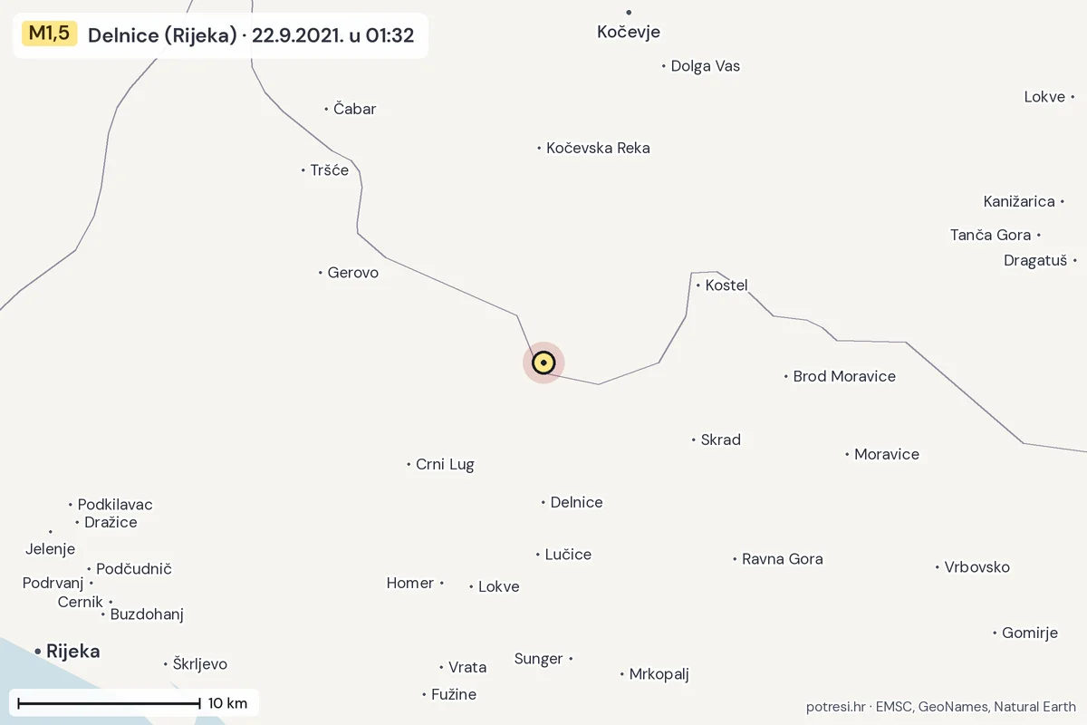 Karta: okolica epicentra, 60 km, potres M1,5, Delnice (Rijeka), 22.9.2021.