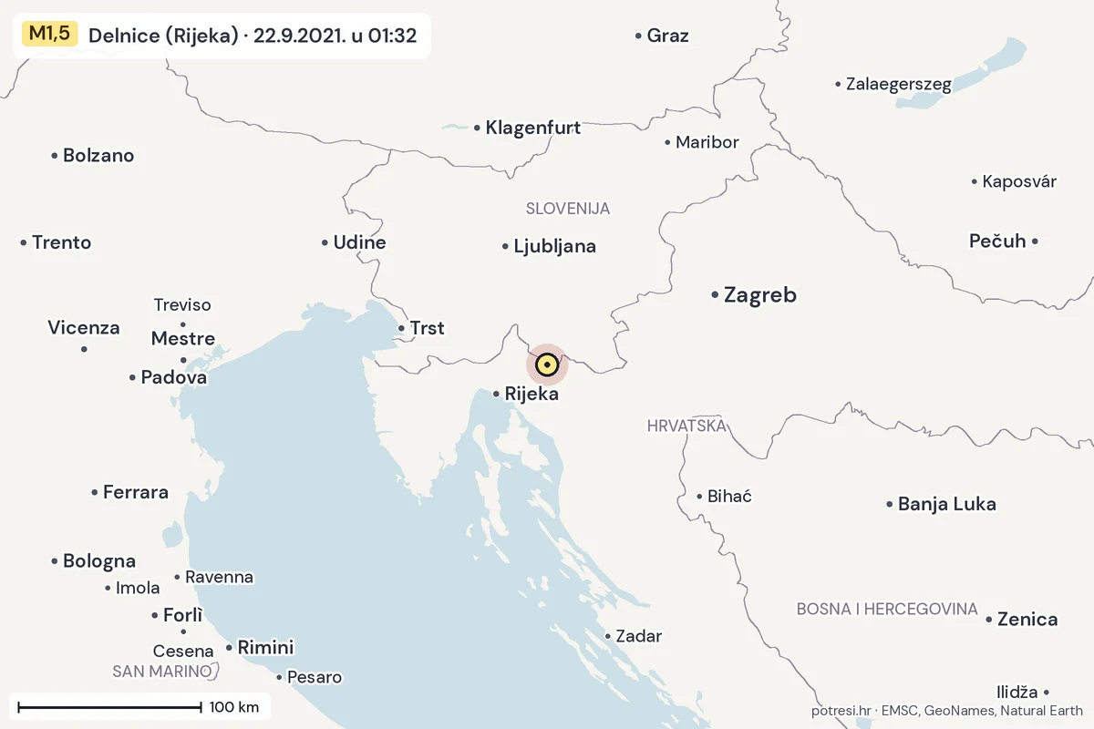Karta: šire područje, 600 km, potres M1,5, Delnice (Rijeka), 22.9.2021.