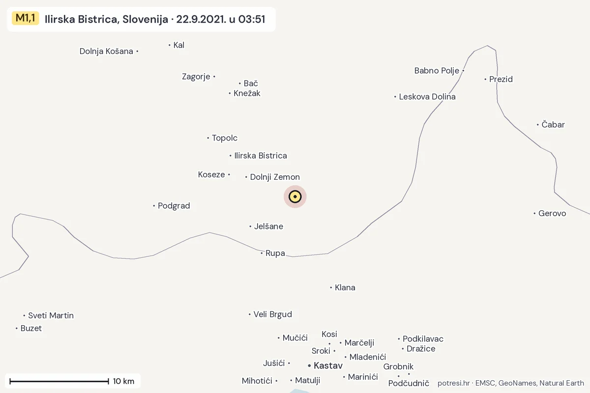 Karta: okolica epicentra, 60 km, potres M1,1, Ilirska Bistrica, Slovenija, 22.9.2021.
