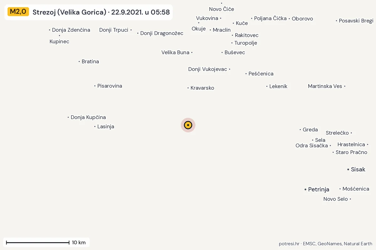 Karta: okolica epicentra, 60 km, potres M2,0, Strezoj (Velika Gorica), 22.9.2021.