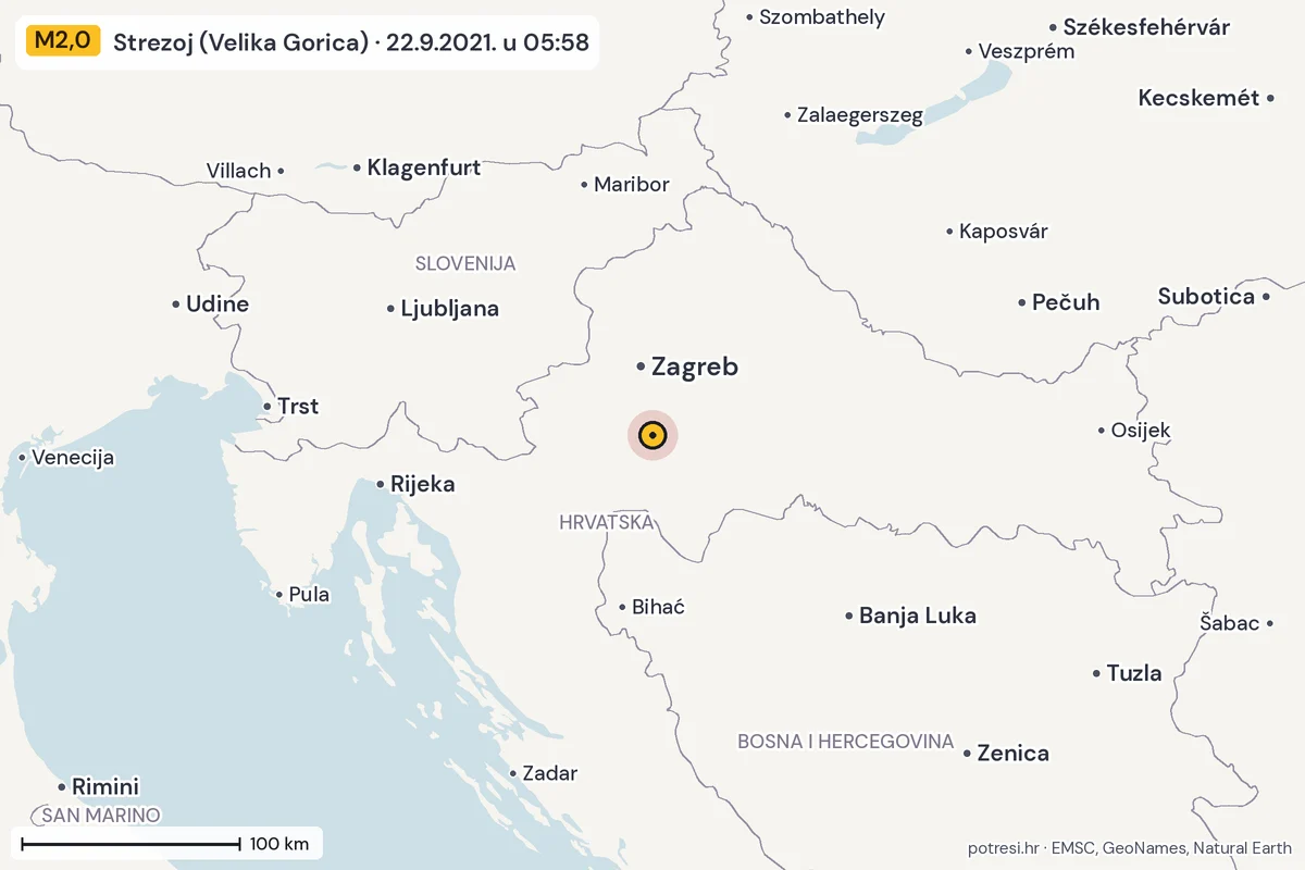 Karta: šire područje, 600 km, potres M2,0, Strezoj (Velika Gorica), 22.9.2021.