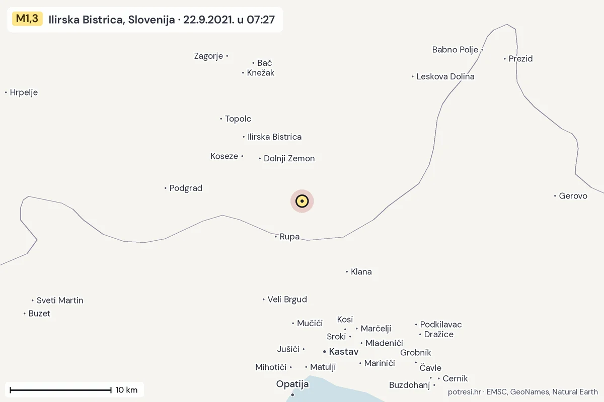 Karta: okolica epicentra, 60 km, potres M1,3, Ilirska Bistrica, Slovenija, 22.9.2021.