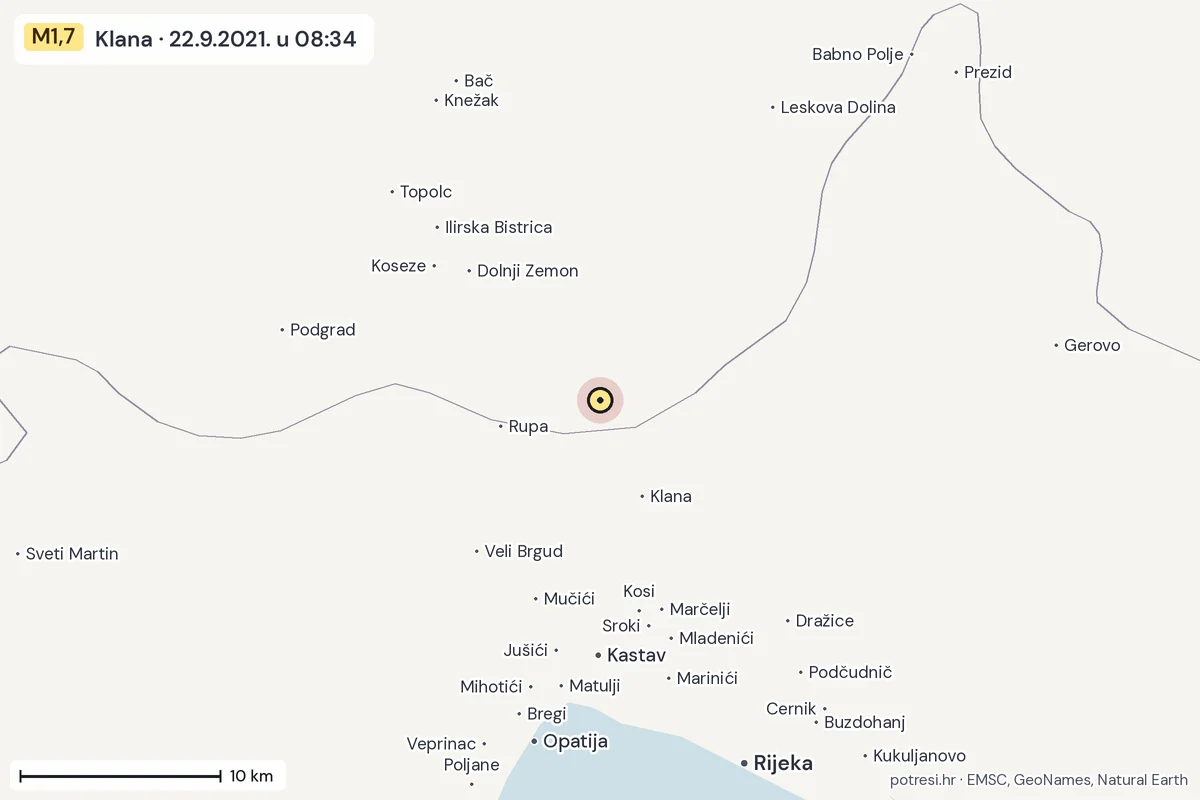 Karta: okolica epicentra, 60 km, potres M1,7, Klana, 22.9.2021.