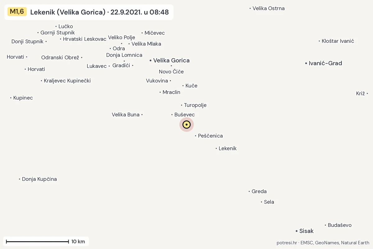 Karta: okolica epicentra, 60 km, potres M1,6, Lekenik (Velika Gorica), 22.9.2021.