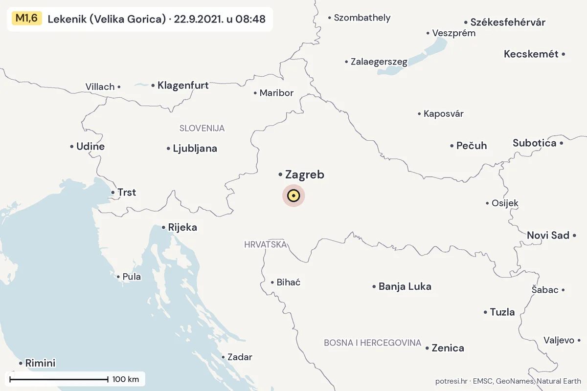 Karta: šire područje, 600 km, potres M1,6, Lekenik (Velika Gorica), 22.9.2021.