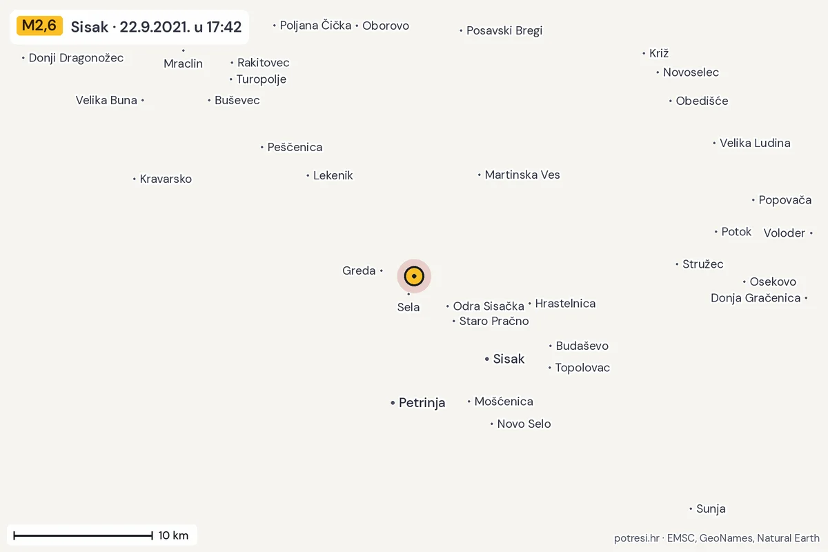 Karta: okolica epicentra, 60 km, potres M2,6, Sisak, 22.9.2021.