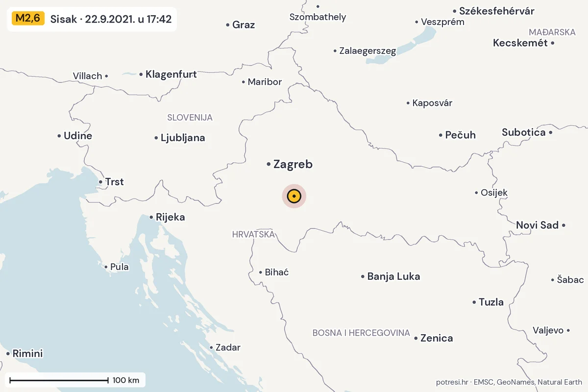 Karta: šire područje, 600 km, potres M2,6, Sisak, 22.9.2021.