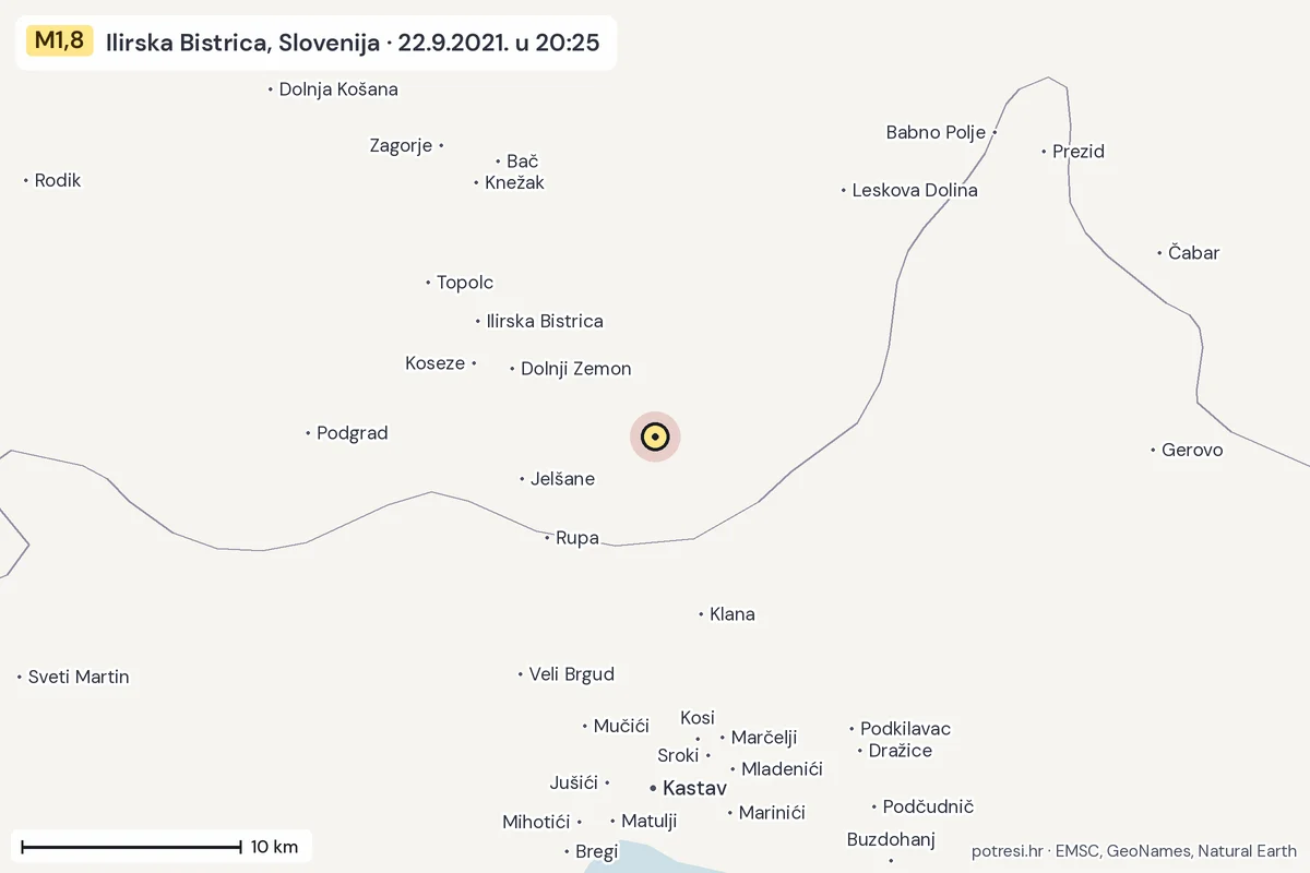 Karta: okolica epicentra, 60 km, potres M1,8, Ilirska Bistrica, Slovenija, 22.9.2021.