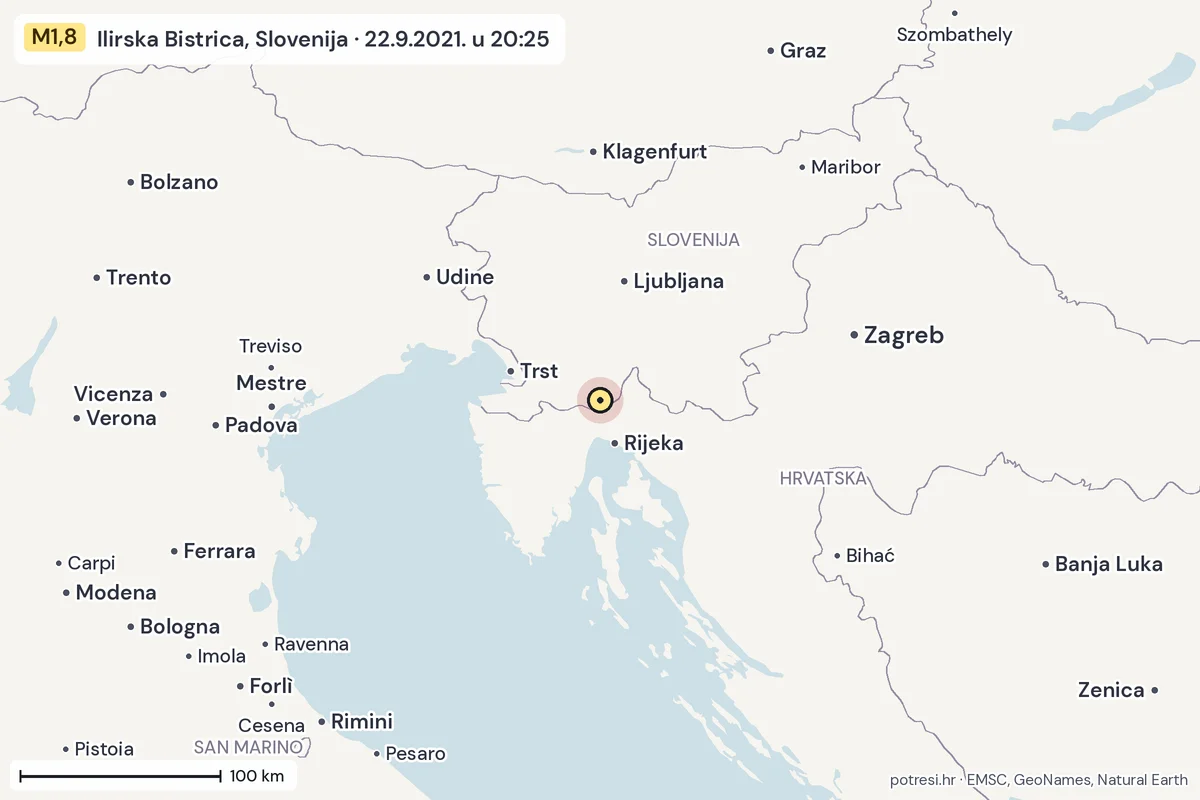 Karta: šire područje, 600 km, potres M1,8, Ilirska Bistrica, Slovenija, 22.9.2021.