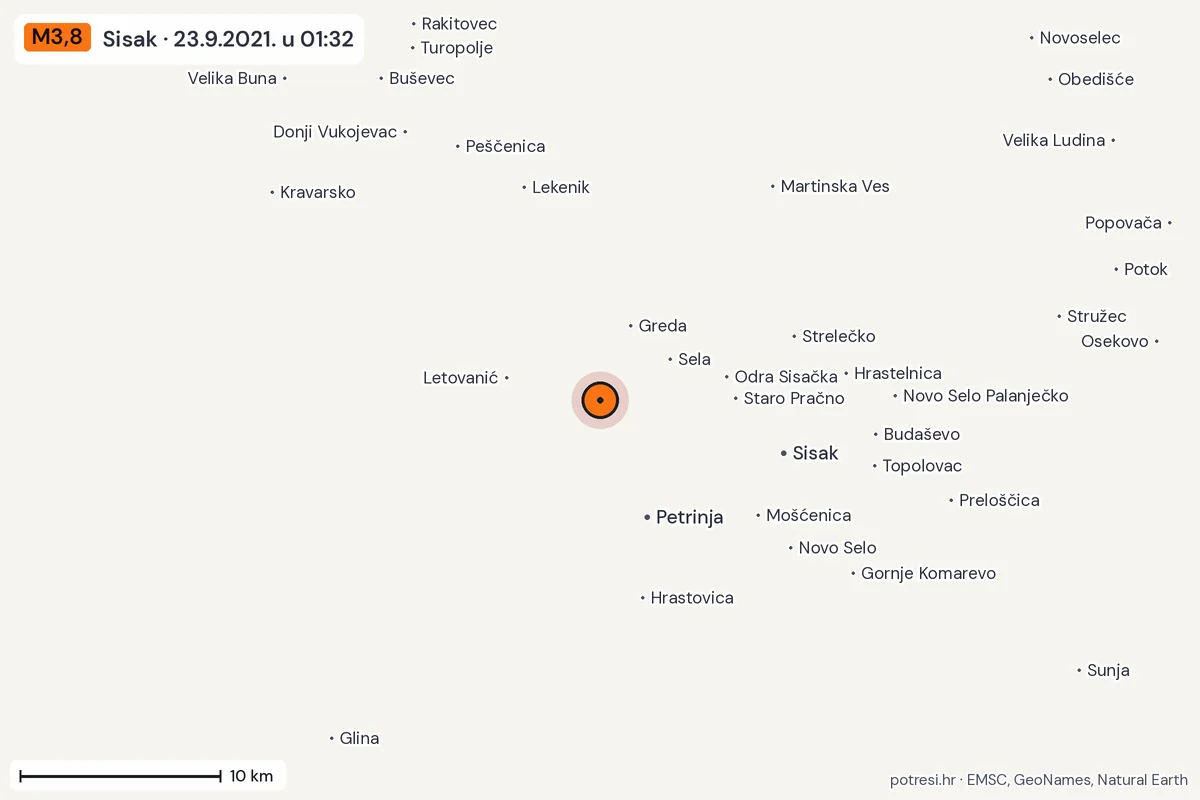 Karta: okolica epicentra, 60 km, potres M3,8, Sisak, 23.9.2021.