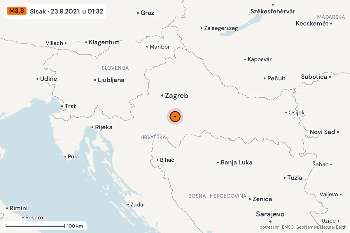 Karta: šire područje, 600 km, potres M3,8, Sisak, 23.9.2021.