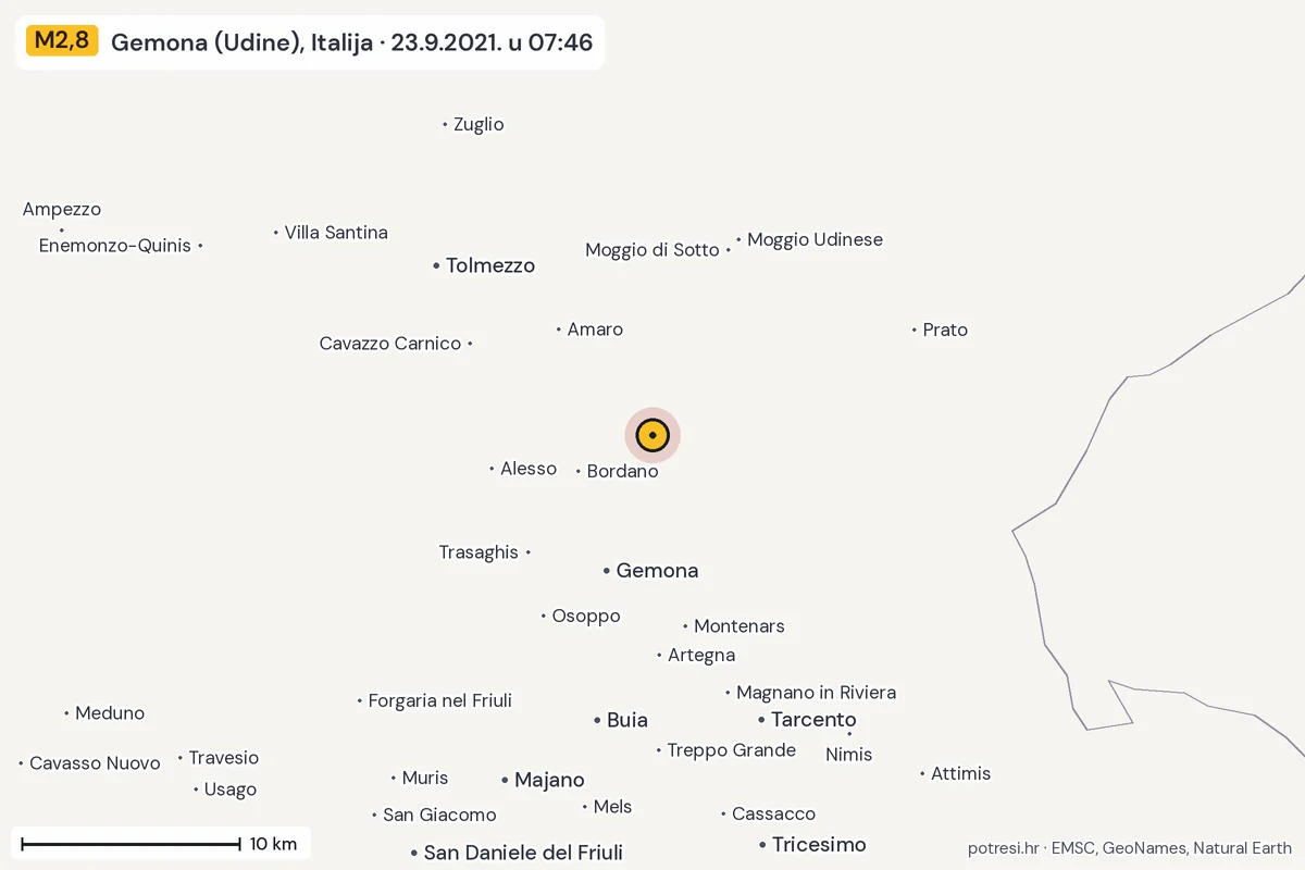 Karta: okolica epicentra, 60 km, potres M2,8, Gemona (Udine), Italija, 23.9.2021.