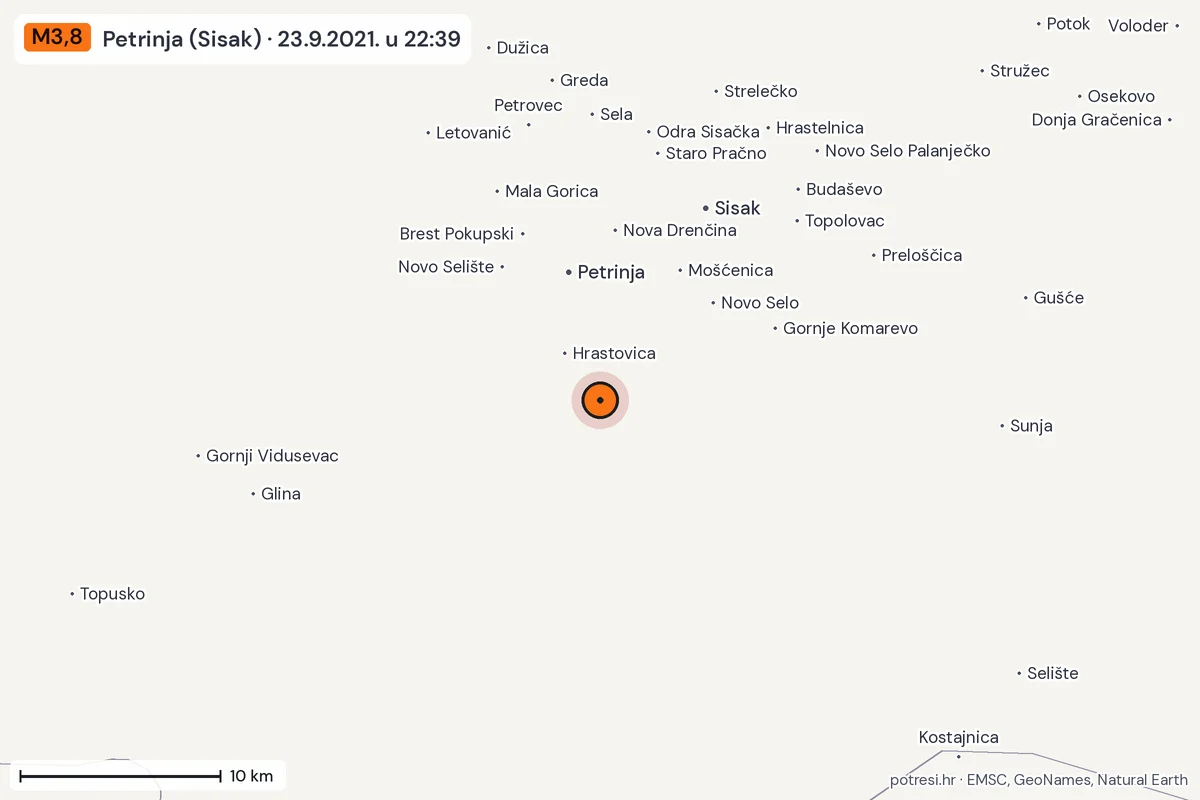 Karta: okolica epicentra, 60 km, potres M3,8, Petrinja (Sisak), 23.9.2021.