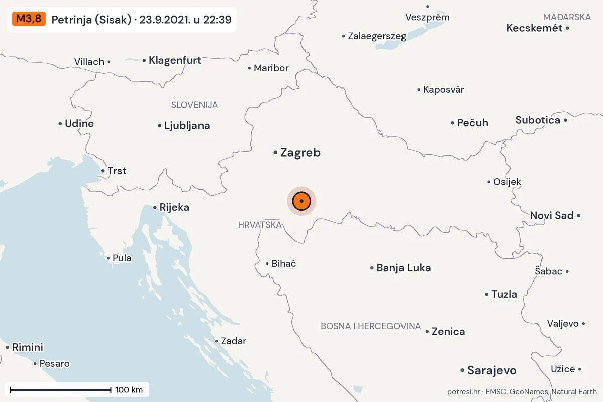 Karta: šire područje, 600 km, potres M3,8, Petrinja (Sisak), 23.9.2021.