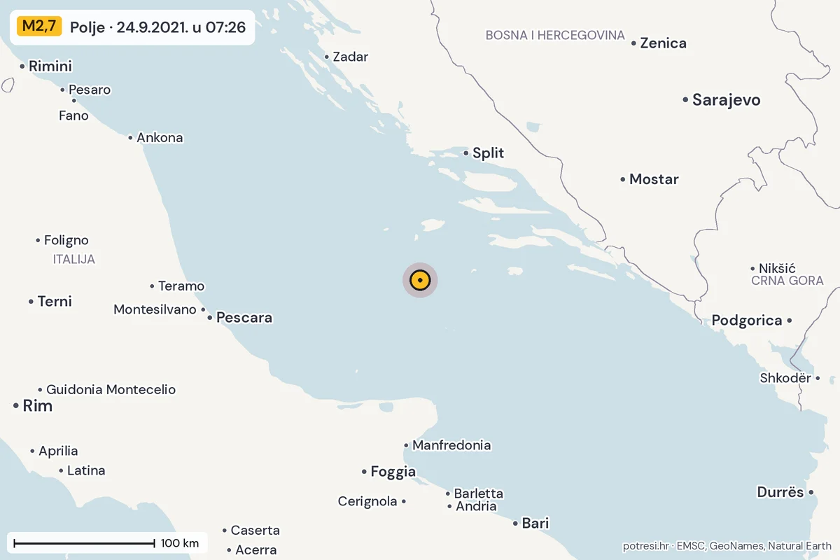 Karta: šire područje, 600 km, potres M2,7, Polje, 24.9.2021.