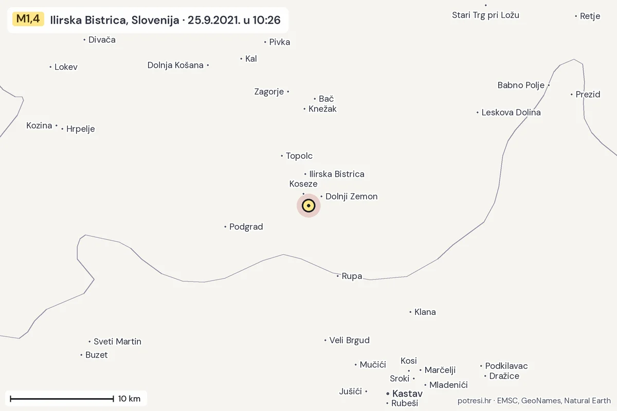 Karta: okolica epicentra, 60 km, potres M1,4, Ilirska Bistrica, Slovenija, 25.9.2021.