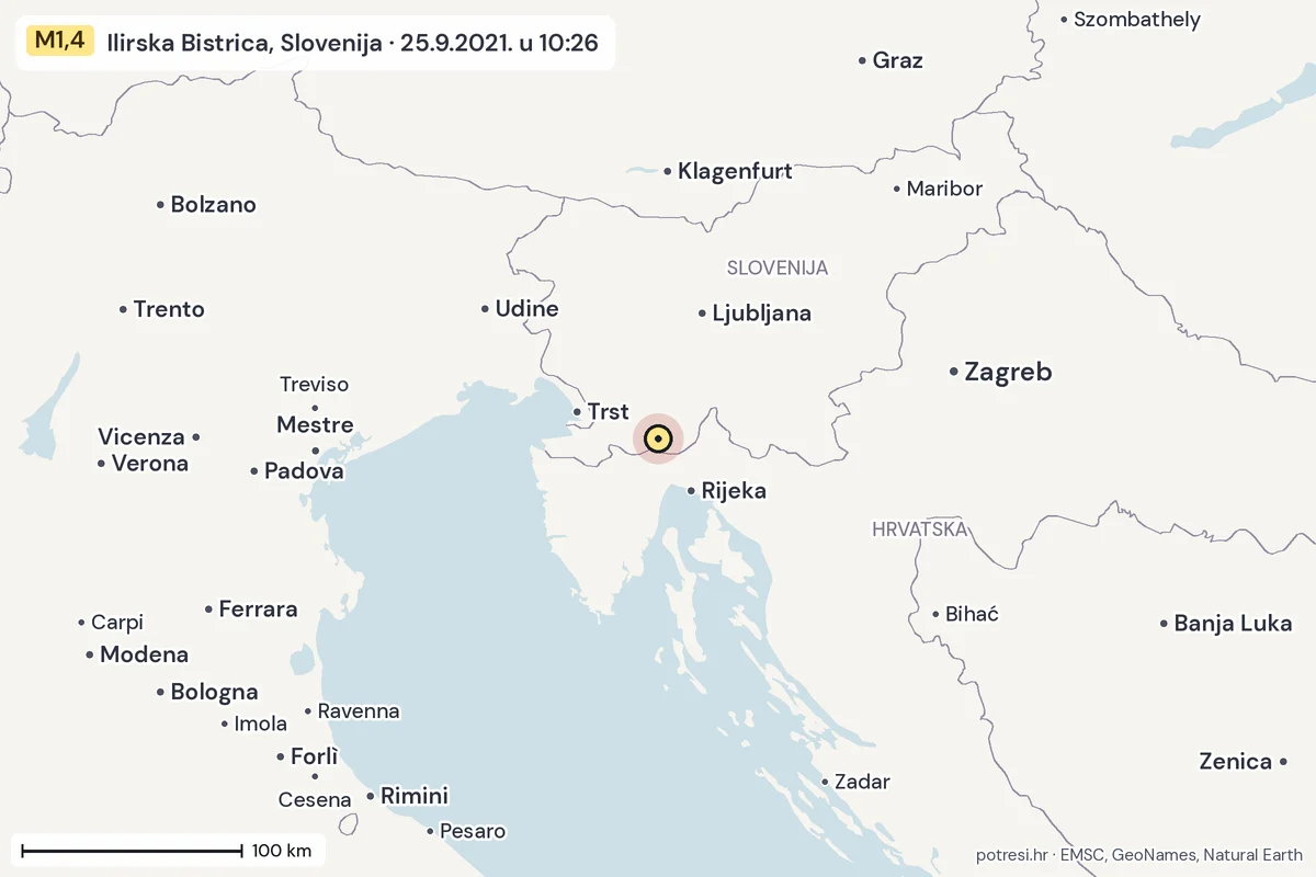 Karta: šire područje, 600 km, potres M1,4, Ilirska Bistrica, Slovenija, 25.9.2021.
