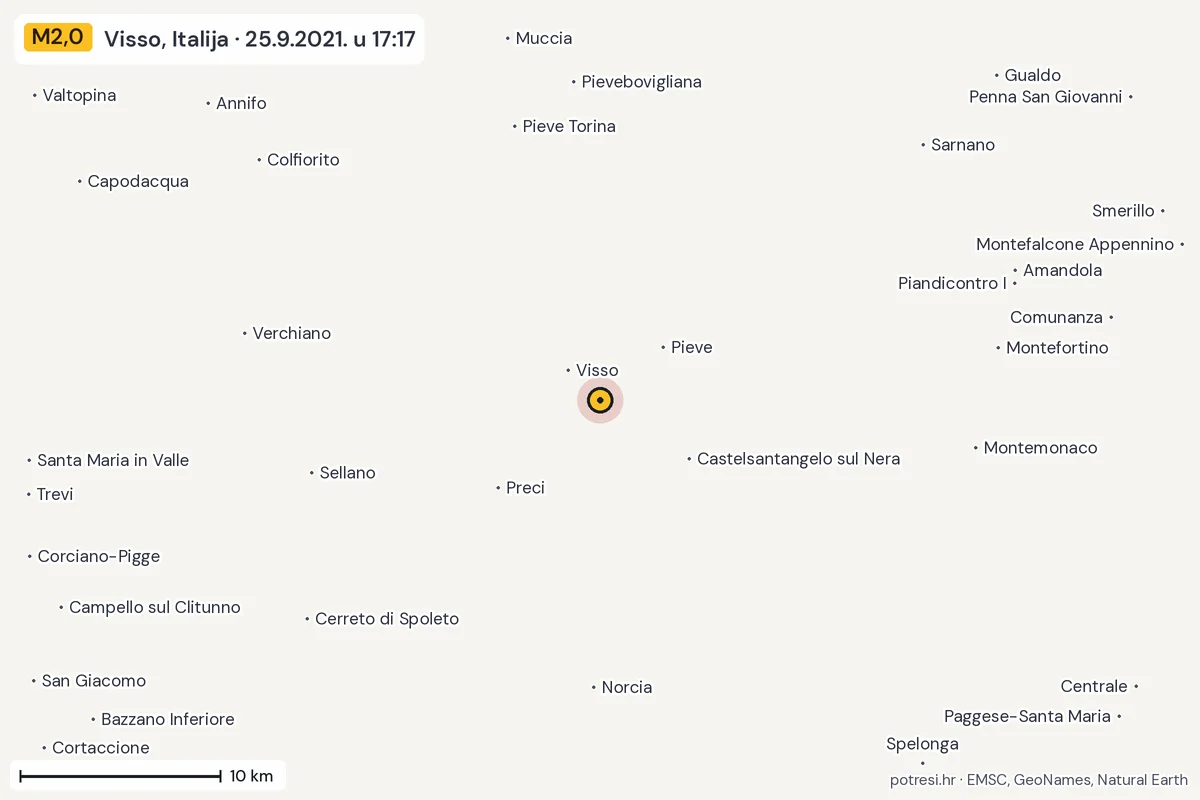 Karta: okolica epicentra, 60 km, potres M2,0, Visso, Italija, 25.9.2021.