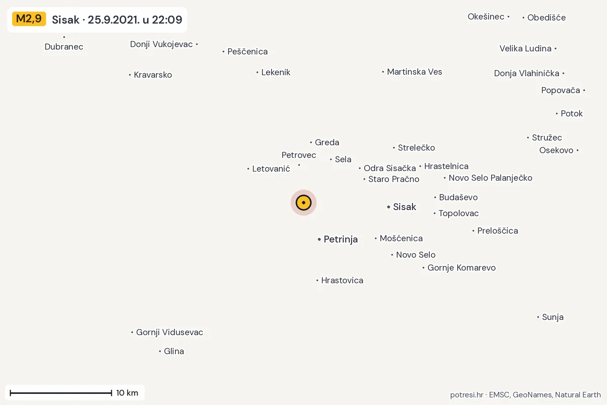 Karta: okolica epicentra, 60 km, potres M2,9, Sisak, 25.9.2021.