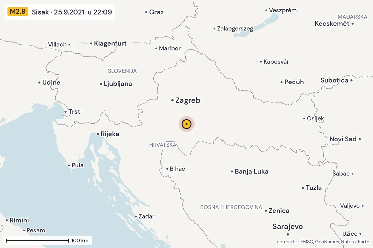Karta: šire područje, 600 km, potres M2,9, Sisak, 25.9.2021.