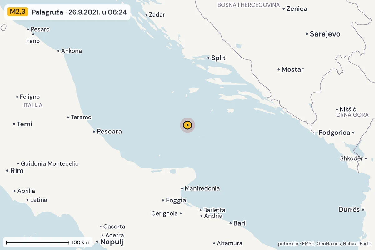 Karta: šire područje, 600 km, potres M2,3, Palagruža, 26.9.2021.