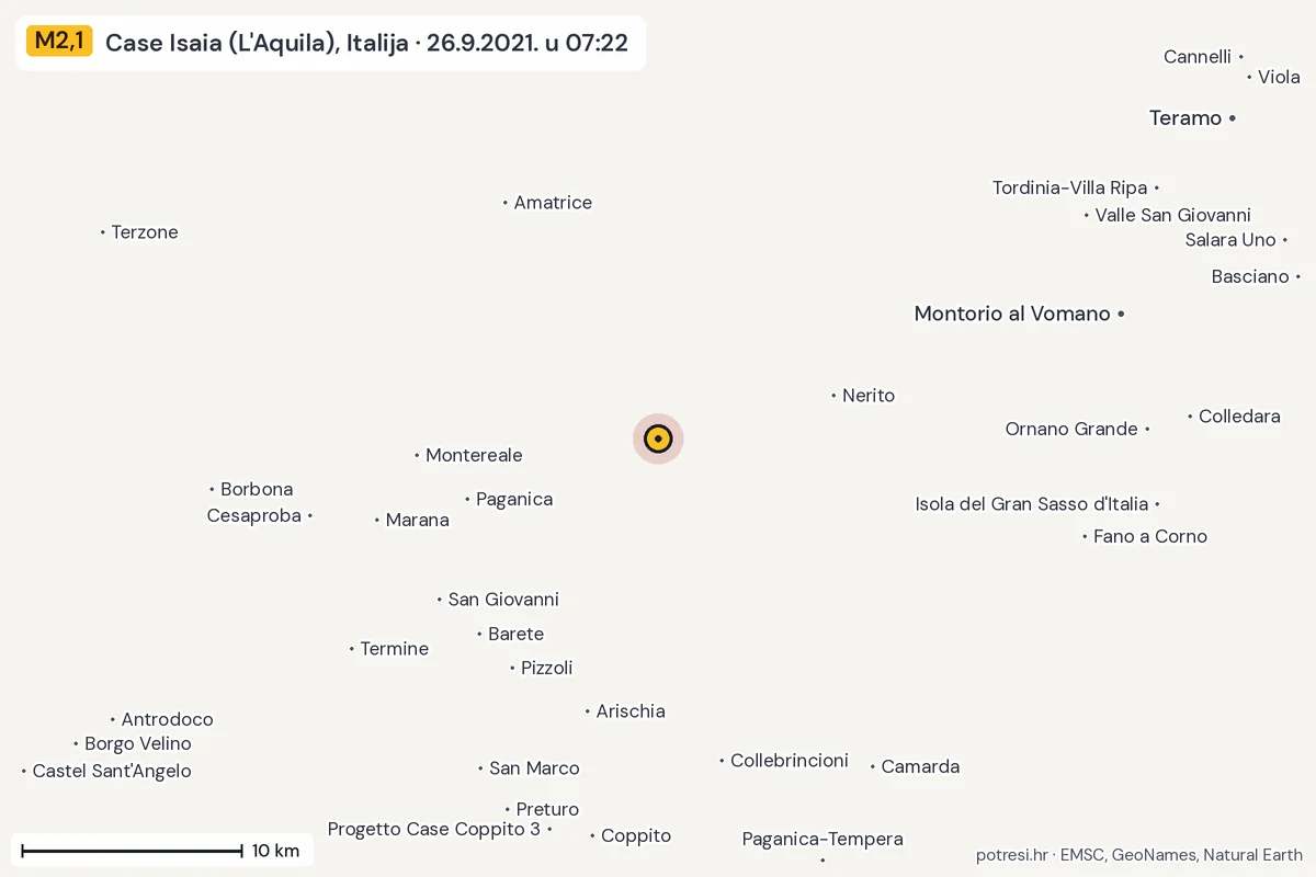 Karta: okolica epicentra, 60 km, potres M2,1, Case Isaia (L'Aquila), Italija, 26.9.2021.