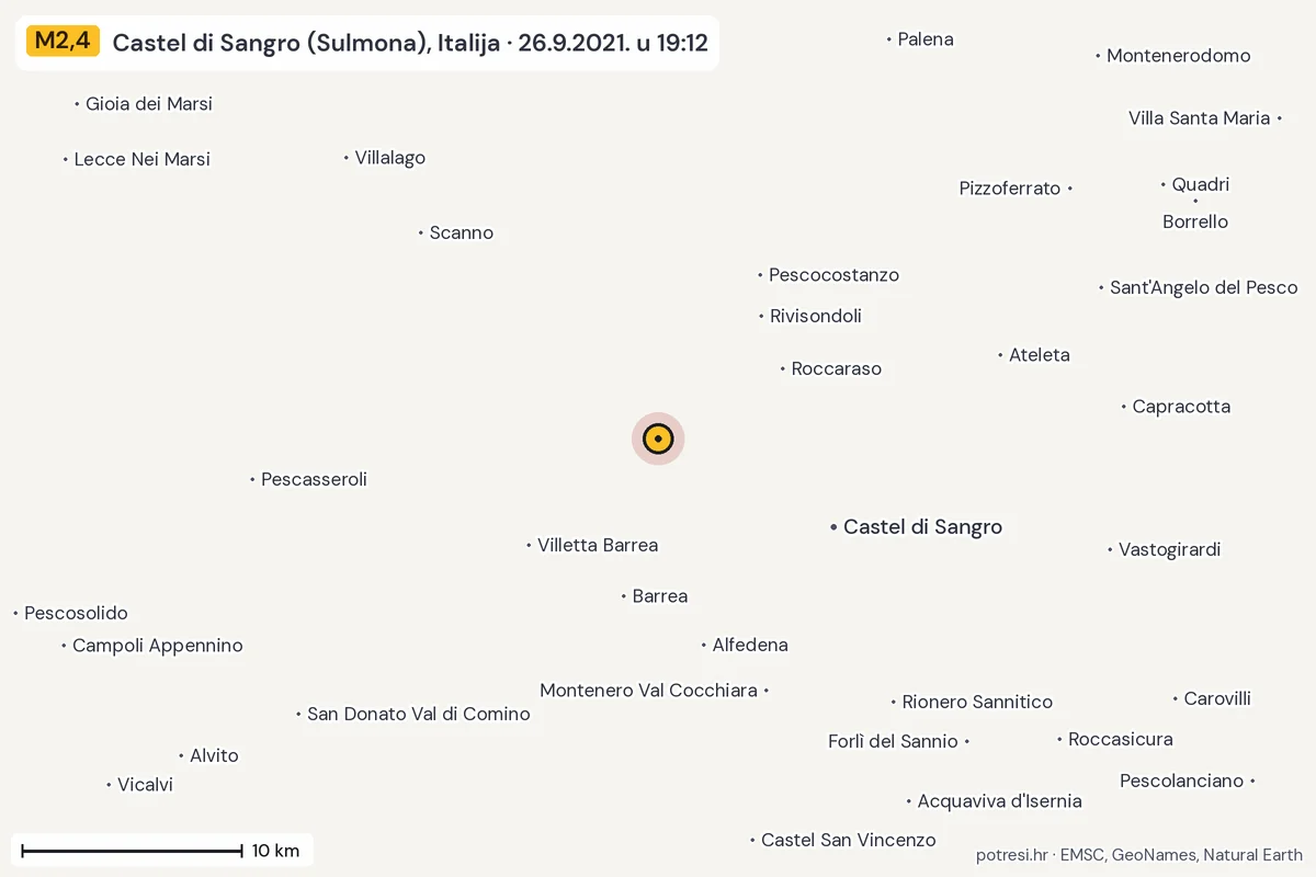 Karta: okolica epicentra, 60 km, potres M2,4, Castel di Sangro (Sulmona), Italija, 26.9.2021.
