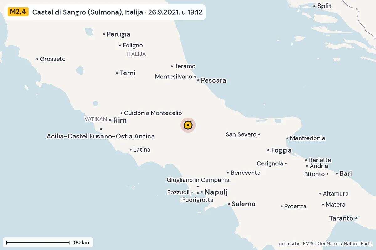 Karta: šire područje, 600 km, potres M2,4, Castel di Sangro (Sulmona), Italija, 26.9.2021.