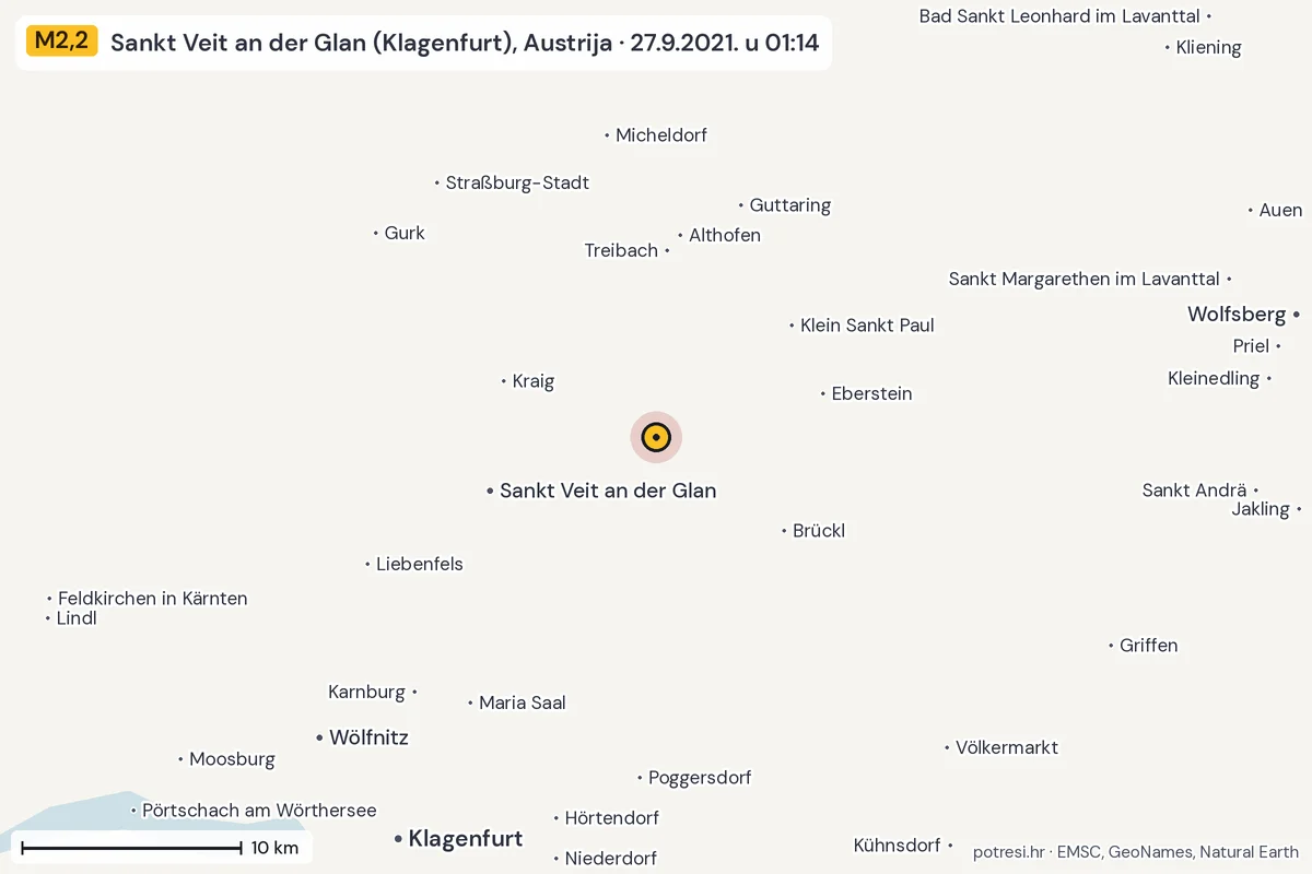 Karta: okolica epicentra, 60 km, potres M2,2, Sankt Veit an der Glan (Klagenfurt), Austrija, 27.9.2021.