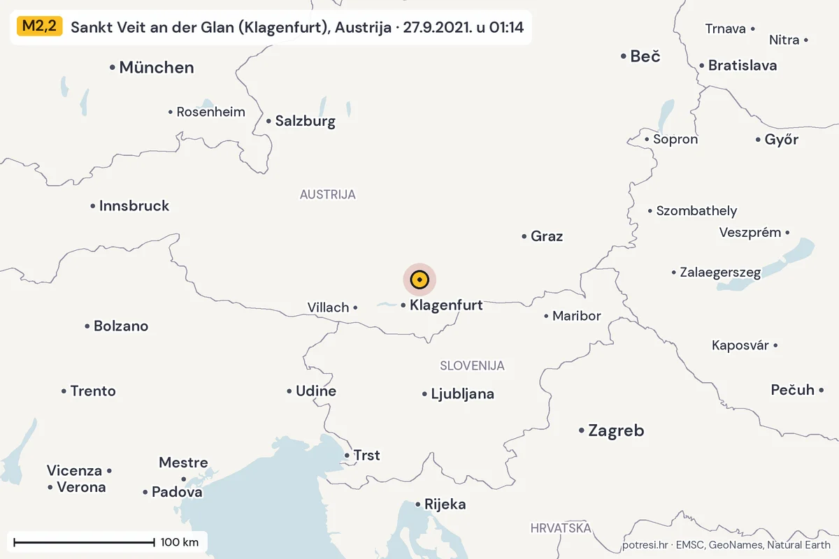 Karta: šire područje, 600 km, potres M2,2, Sankt Veit an der Glan (Klagenfurt), Austrija, 27.9.2021.