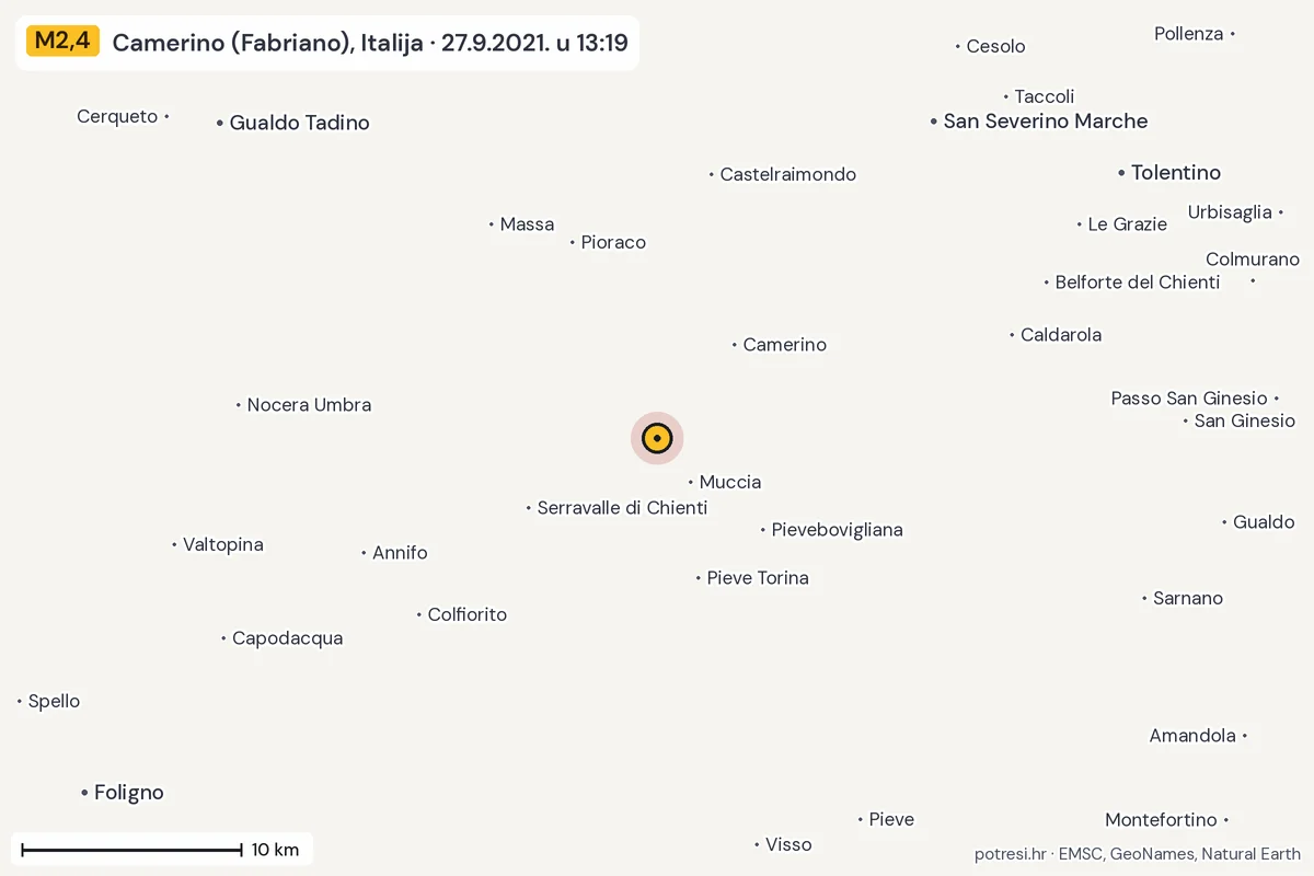 Karta: okolica epicentra, 60 km, potres M2,4, Camerino (Fabriano), Italija, 27.9.2021.