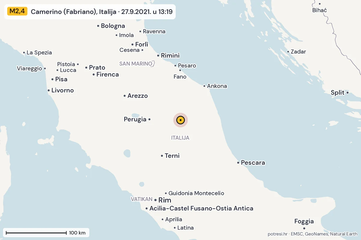 Karta: šire područje, 600 km, potres M2,4, Camerino (Fabriano), Italija, 27.9.2021.