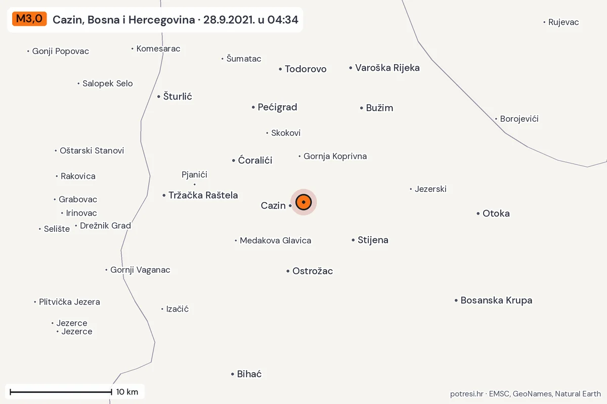 Karta: okolica epicentra, 60 km, potres M3,0, Cazin, Bosna i Hercegovina, 28.9.2021.