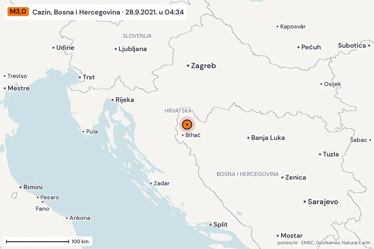 Karta: šire područje, 600 km, potres M3,0, Cazin, Bosna i Hercegovina, 28.9.2021.