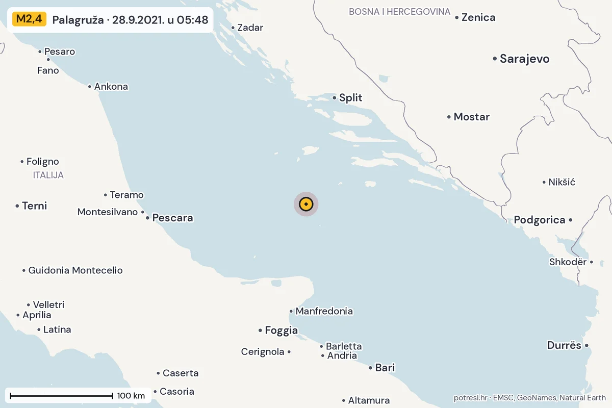 Karta: šire područje, 600 km, potres M2,4, Palagruža, 28.9.2021.