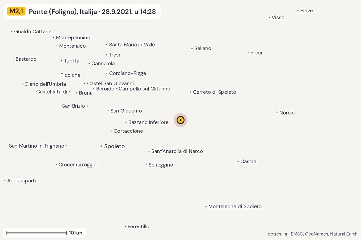 Karta: okolica epicentra, 60 km, potres M2,1, Ponte (Foligno), Italija, 28.9.2021.