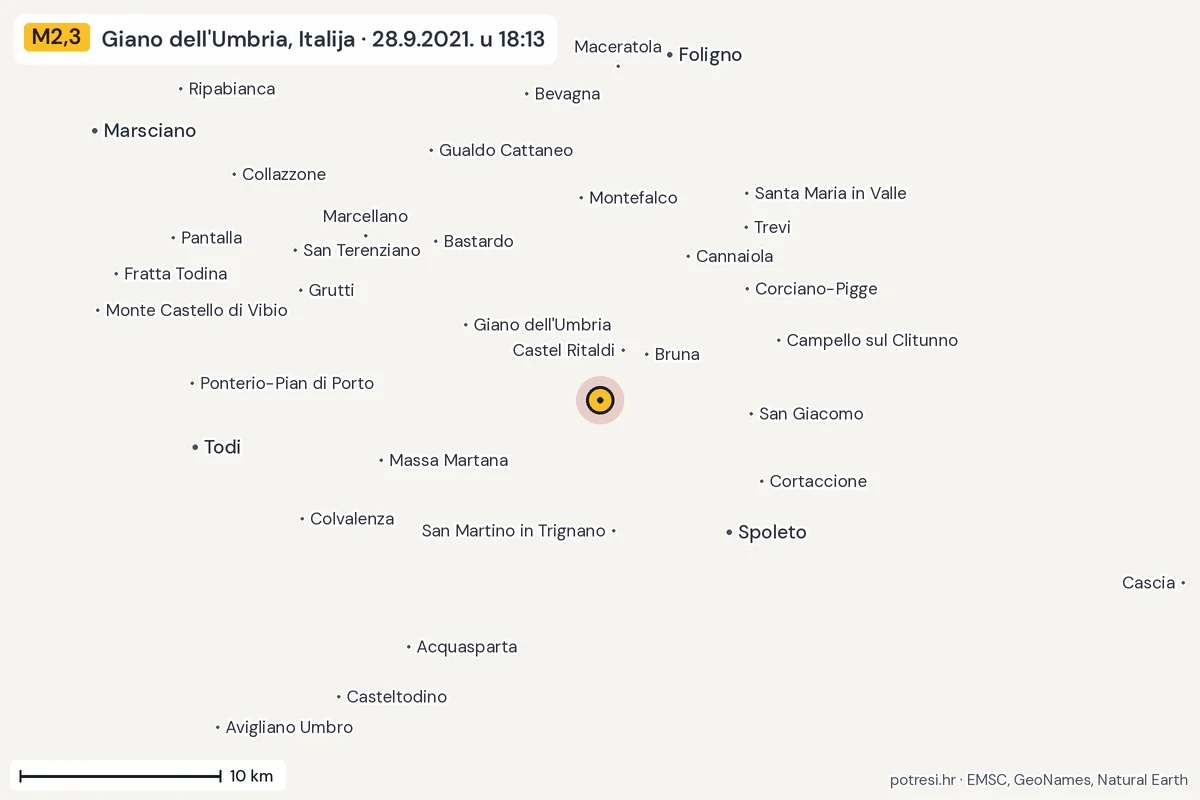Karta: okolica epicentra, 60 km, potres M2,3, Giano dell'Umbria, Italija, 28.9.2021.