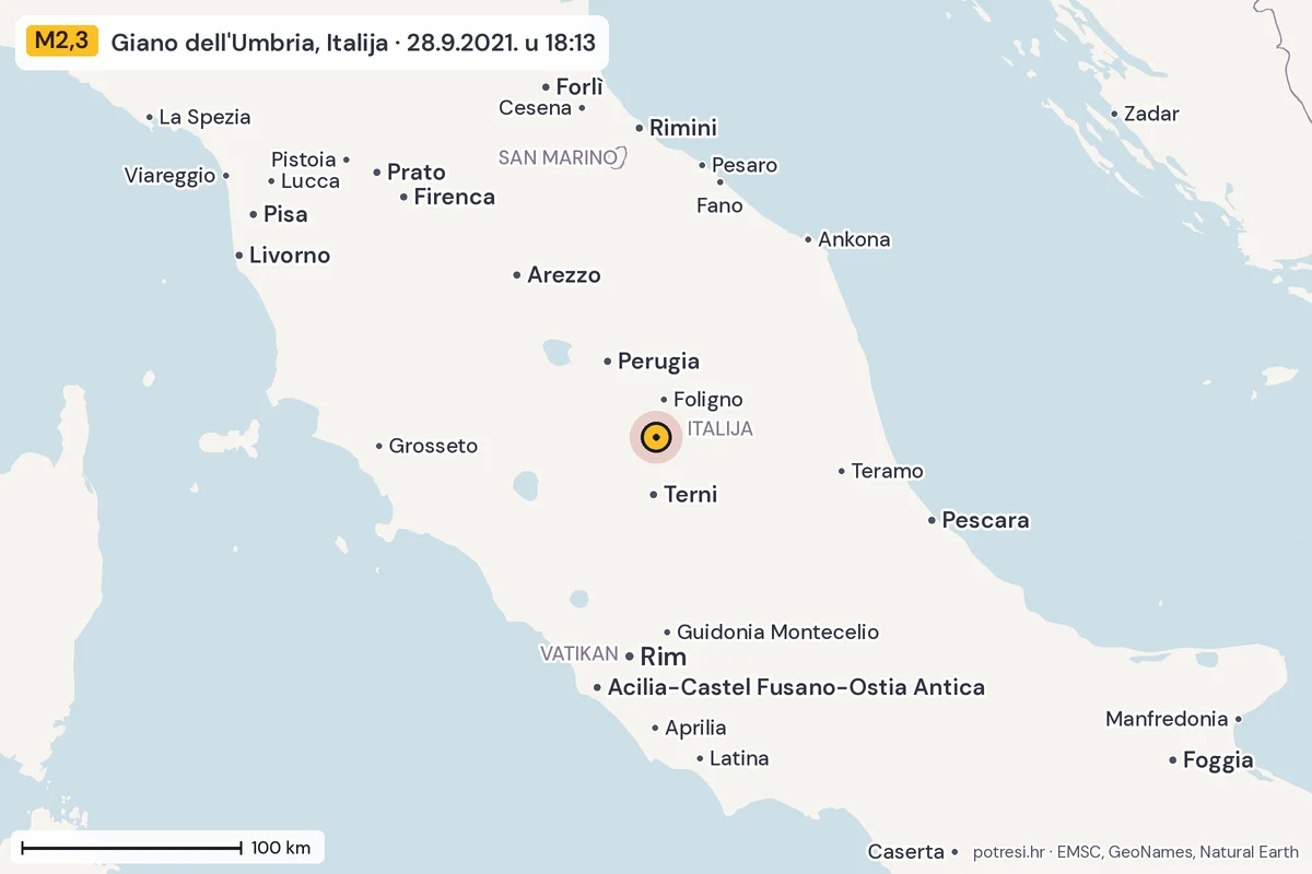 Karta: šire područje, 600 km, potres M2,3, Giano dell'Umbria, Italija, 28.9.2021.