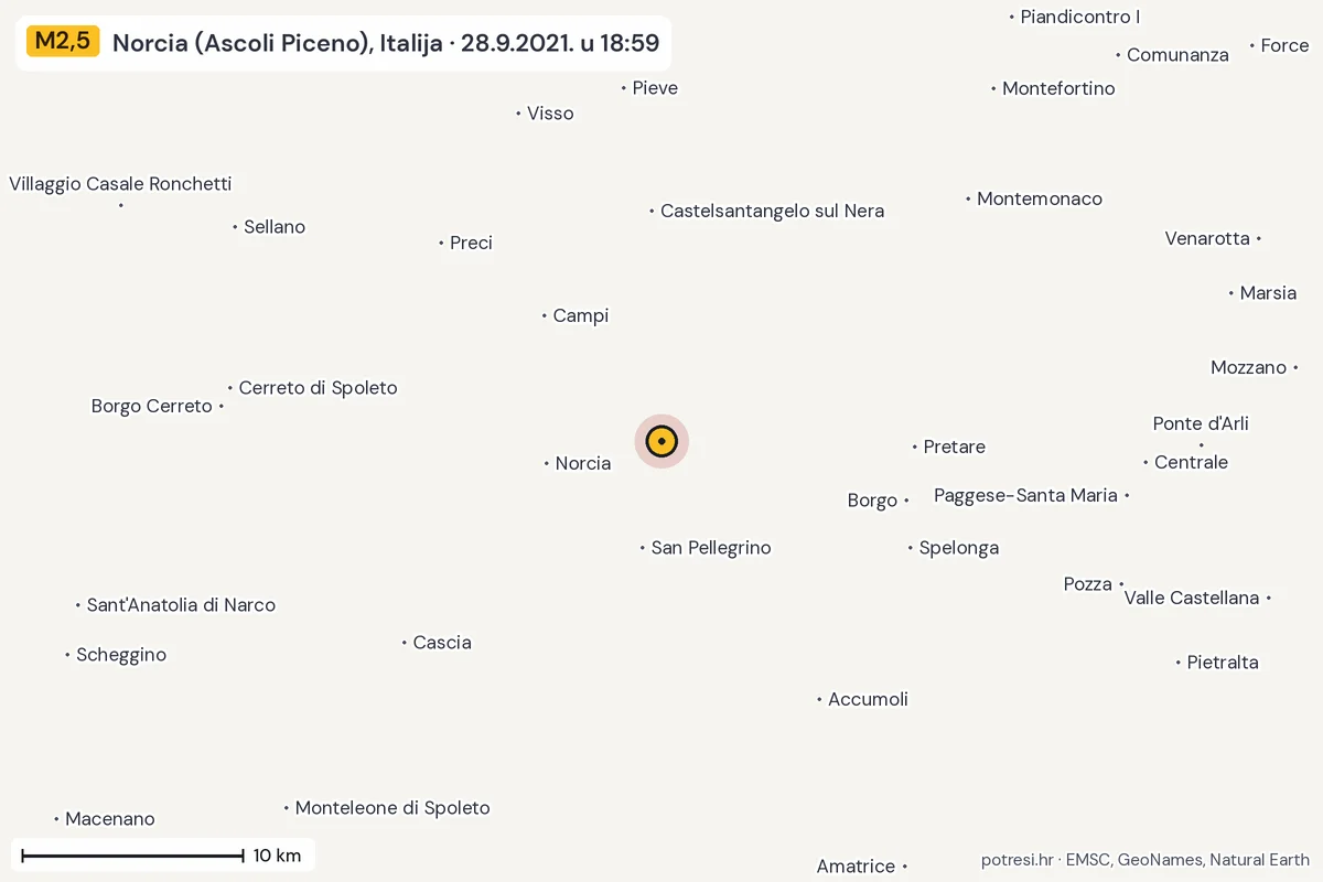 Karta: okolica epicentra, 60 km, potres M2,5, Norcia (Ascoli Piceno), Italija, 28.9.2021.