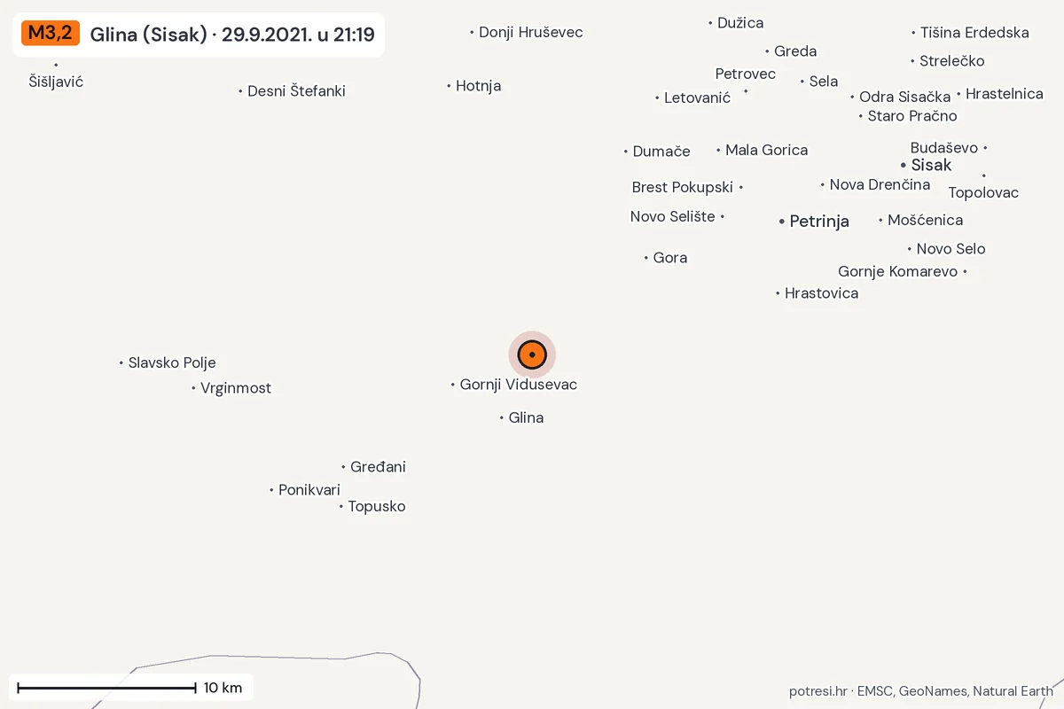 Karta: okolica epicentra, 60 km, potres M3,2, Glina (Sisak), 29.9.2021.
