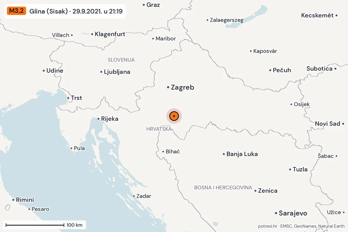 Karta: šire područje, 600 km, potres M3,2, Glina (Sisak), 29.9.2021.