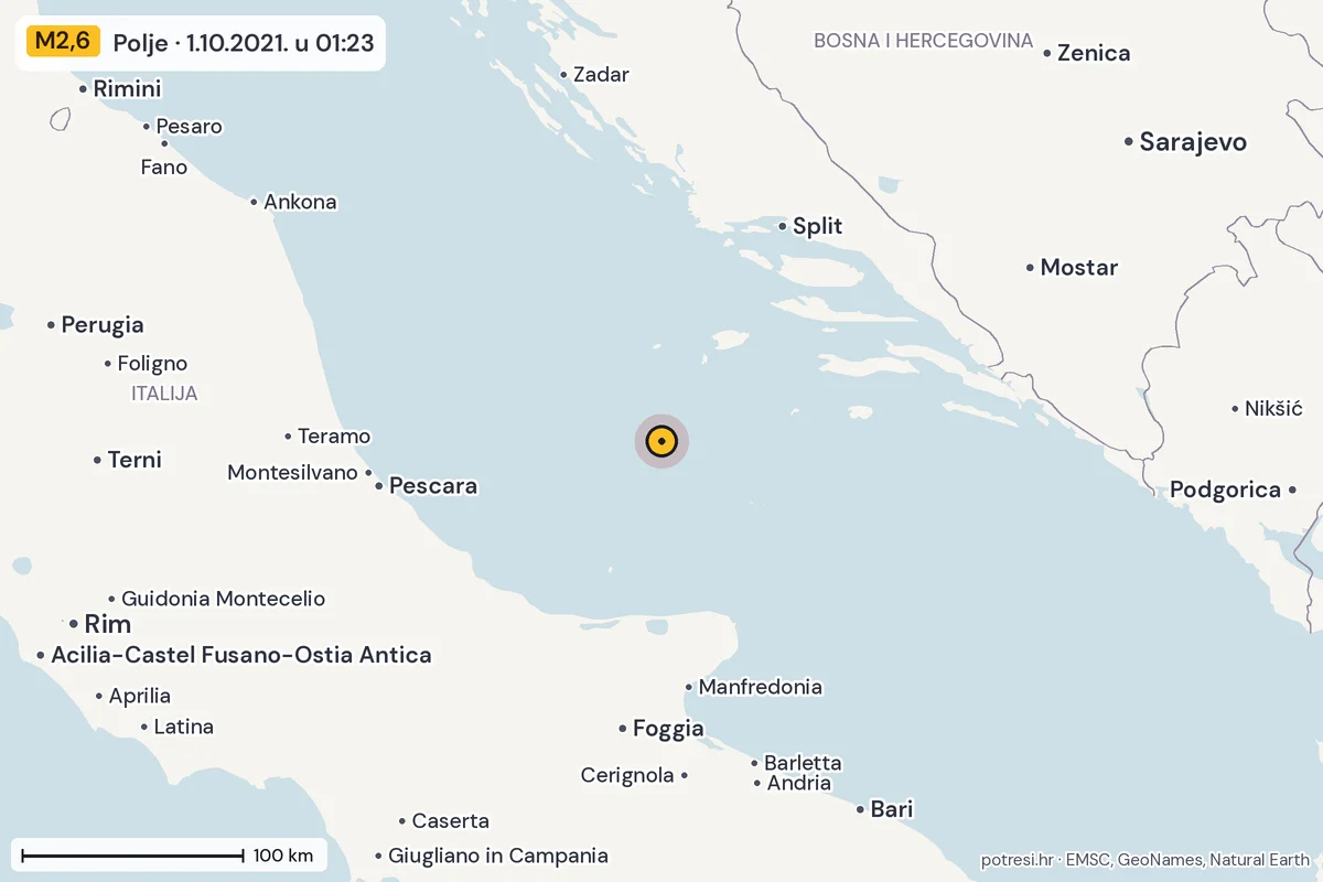 Karta: šire područje, 600 km, potres M2,6, Polje, 1.10.2021.