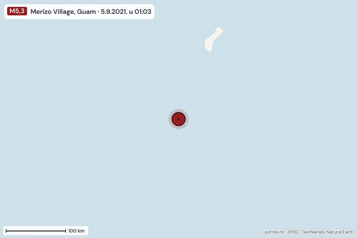 Karta: šire područje, 600 km, potres M5,3, Merizo Village, Guam, 5.9.2021.