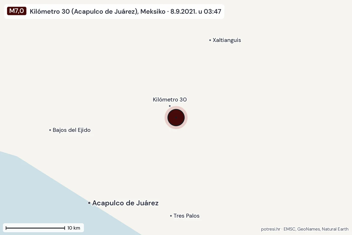 Karta: okolica epicentra, 60 km, potres M7,0, Kilómetro 30 (Acapulco de Juárez), Meksiko, 8.9.2021.