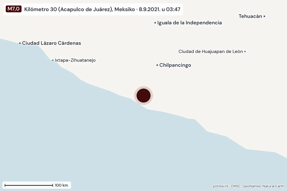 Karta: šire područje, 600 km, potres M7,0, Kilómetro 30 (Acapulco de Juárez), Meksiko, 8.9.2021.